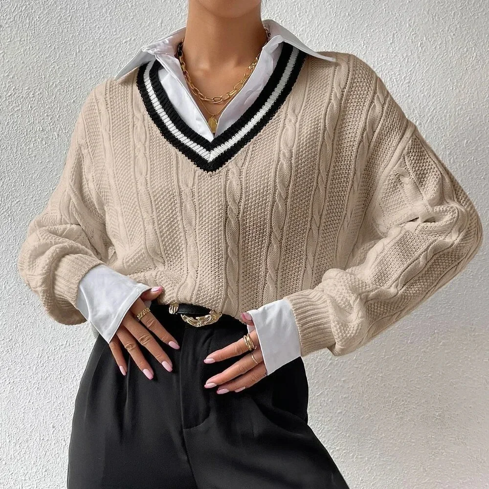 Khaki Casual Women's Striped Trim Drop Shoulder Cable Knit Sweater